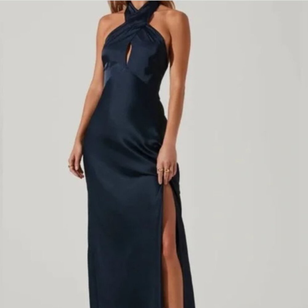 NWT Marissa Satin Halter Neck Midi Dress / Midnight Navy